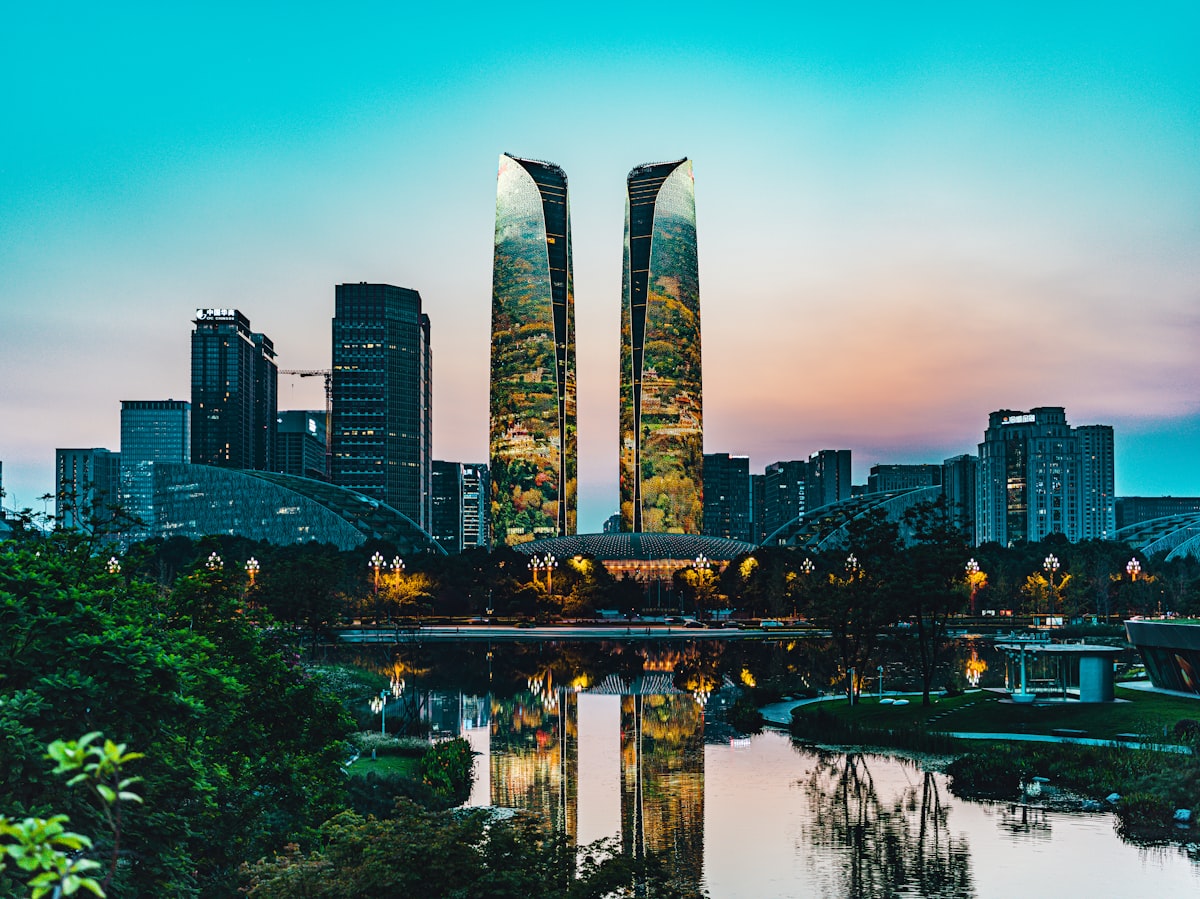 Chengdu skyline beside the river at sunset